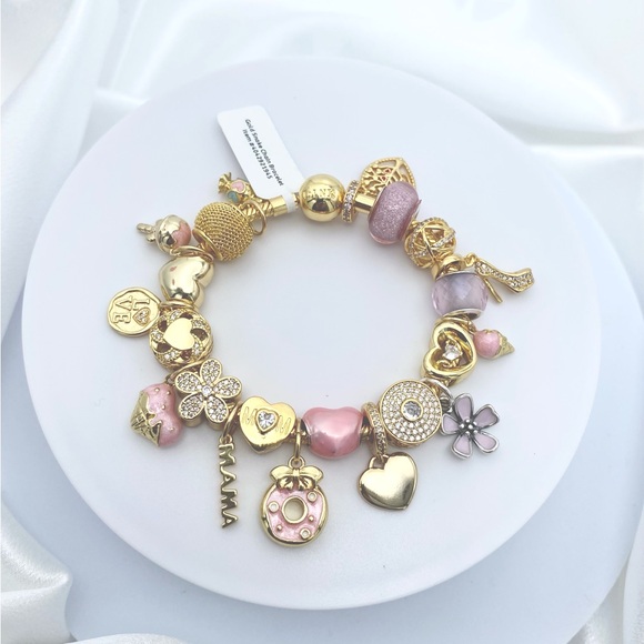 Linx Yellow Gold Bracelet with Gold and Pink Mom Themed Charms